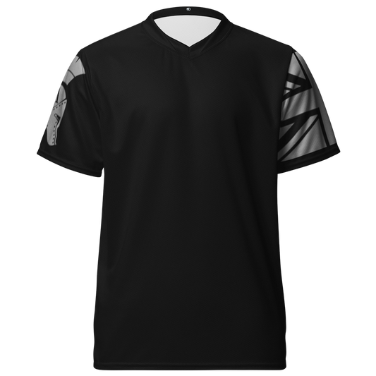 Front view of Black short sleeve unisex fit performance jersey by Achilles Tactical Clothing Brand printed with Wolf grey Achilles Helmet Logo and Union flag on sleeves