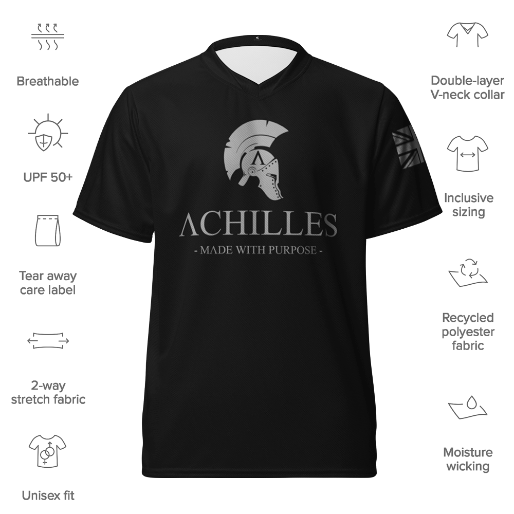 Front view of Black short sleeve unisex fit Performance Jersey by Achilles Tactical Clothing Brand printed with grey Signature design Achilles Helmet logo and Union Flag on sleeves with details