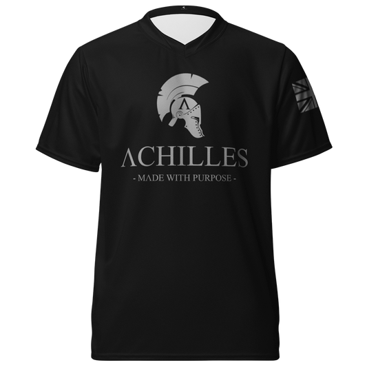 Front view of Black short sleeve unisex fit Performance Jersey by Achilles Tactical Clothing Brand printed with grey Signature design
