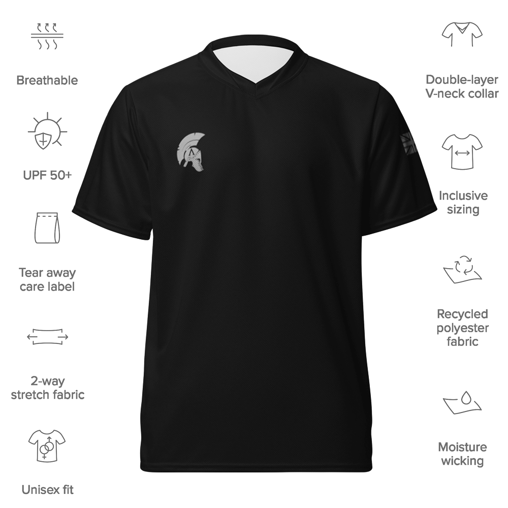 Front view of black short sleeve unisex fit Performance Jersey by Achilles Tactical Clothing Brand with details