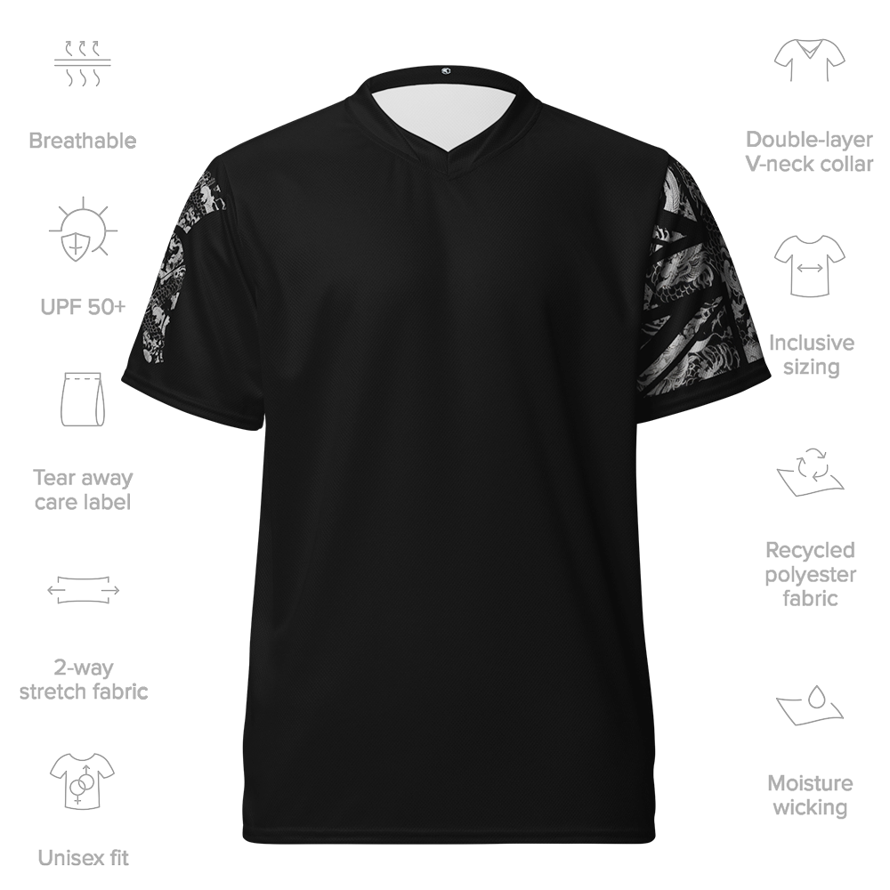 Front view with details of Black short sleeve unisex fit performance jersey by Achilles Tactical Clothing Brand printed with grey Japanese Style Design Achilles Helmet Logo and Union flag on sleeves
