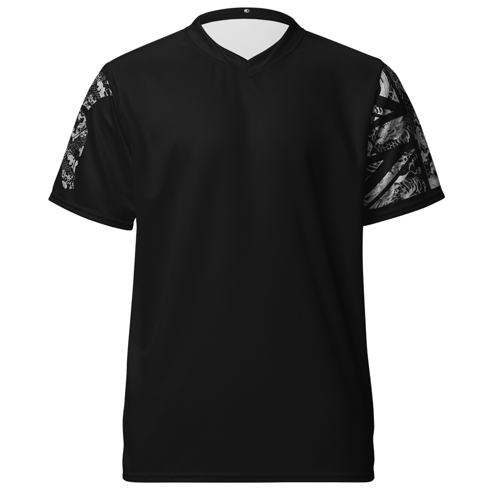 Front view of Black short sleeve unisex fit performance jersey by Achilles Tactical Clothing Brand printed with grey Japanese Style Design Achilles Helmet Logo and Union flag on sleeves