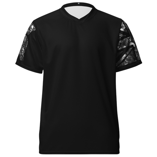 Front view of Black short sleeve unisex fit performance jersey by Achilles Tactical Clothing Brand printed with grey Skulls Style Design Achilles Helmet Logo and Union flag on sleeves