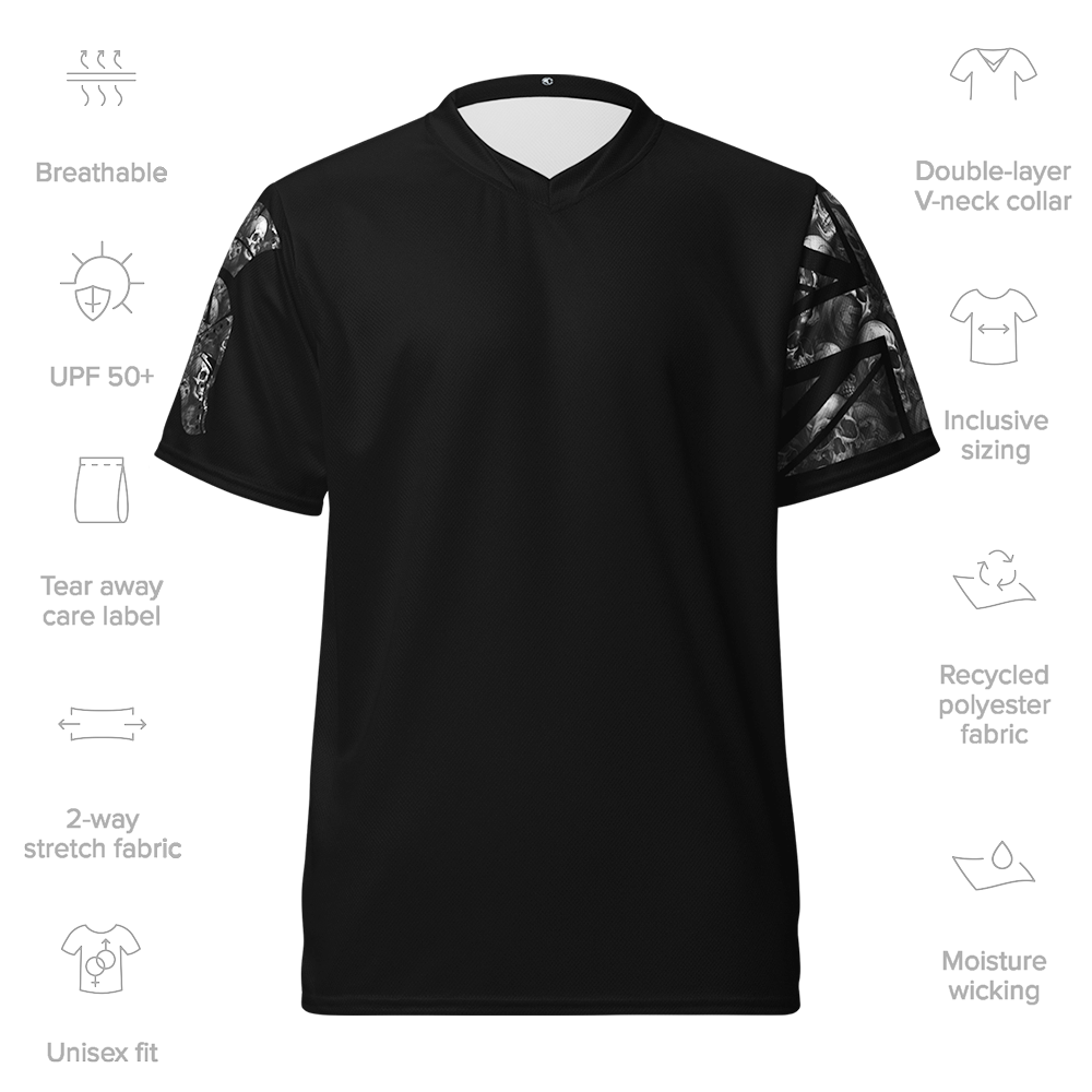 Front view with details of Black short sleeve unisex fit  performance jersey by Achilles Tactical Clothing Brand printed with grey skulls Style Design Achilles Helmet Logo and Union flag on sleeves with Details