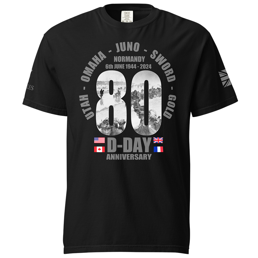 Front View of Black short sleeve classic cotton unisex fit T-Shirt by Achilles Tactical Clothing Brand with screen printed D-Day design on front