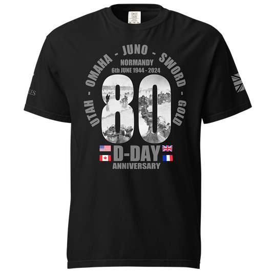 Front View of Black short sleeve classic cotton unisex fit T-Shirt by Achilles Tactical Clothing Brand with screen printed D-Day design on front