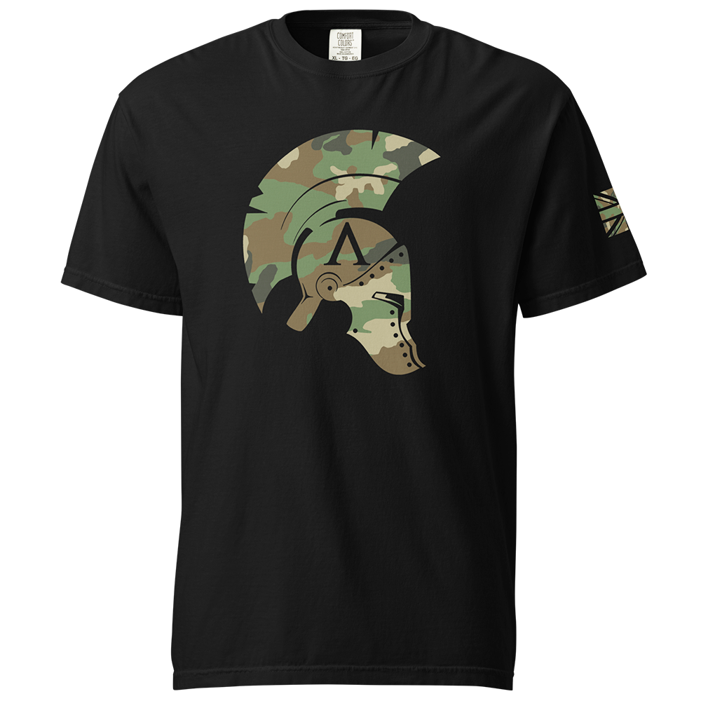Front View of Black short sleeve classic cotton unisex fit T-Shirt by Achilles Tactical Clothing Brand with screen printed Icon DPM Camo design on front