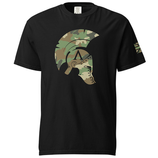 Front View of Black short sleeve classic cotton unisex fit T-Shirt by Achilles Tactical Clothing Brand with screen printed Icon DPM Camo design on front