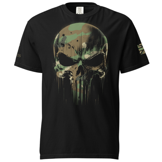 Front View of Black short sleeve classic cotton unisex fit T-Shirt by Achilles Tactical Clothing Brand with screen printed skull DPM Camo design on front