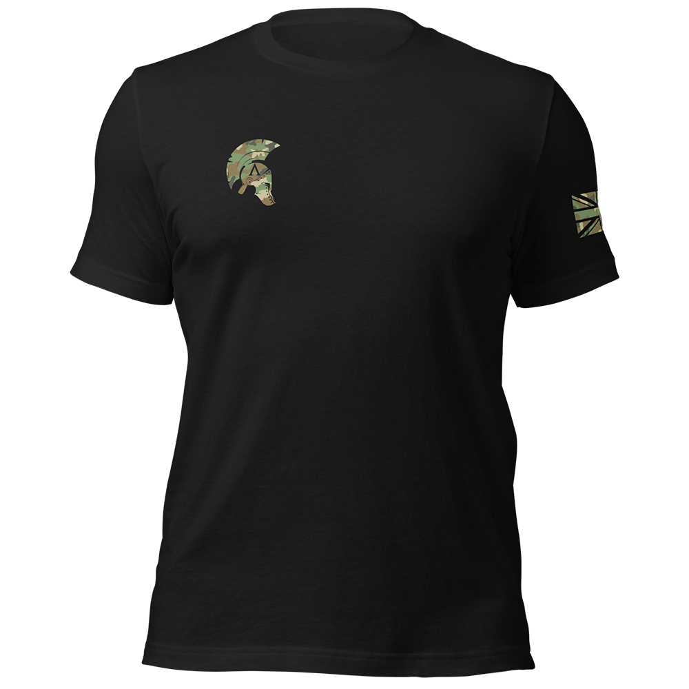 Front view of Black short sleeve unisex fit original cotton T-Shirt by Achilles Tactical Clothing Brand printed with DPM Icon Design across back