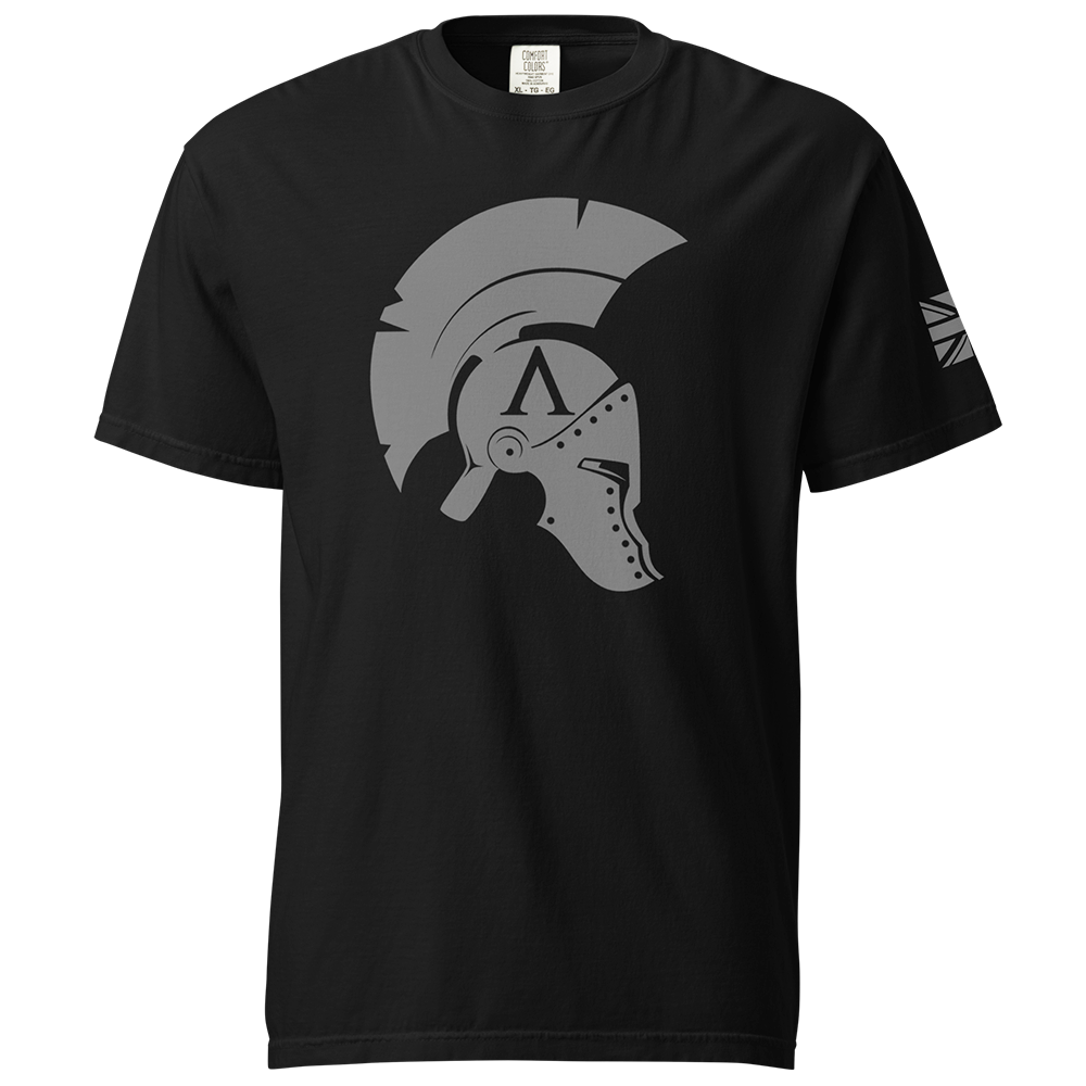 Front View of Black short sleeve classic cotton unisex fit T-Shirt by Achilles Tactical Clothing Brand with screen printed Icon design on front