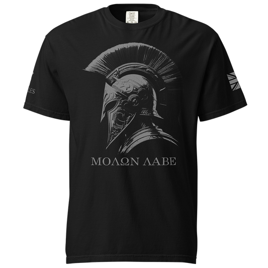 Front View of Black short sleeve classic cotton unisex fit T-Shirt by Achilles Tactical Clothing Brand with screen printed Molon Labe design on front