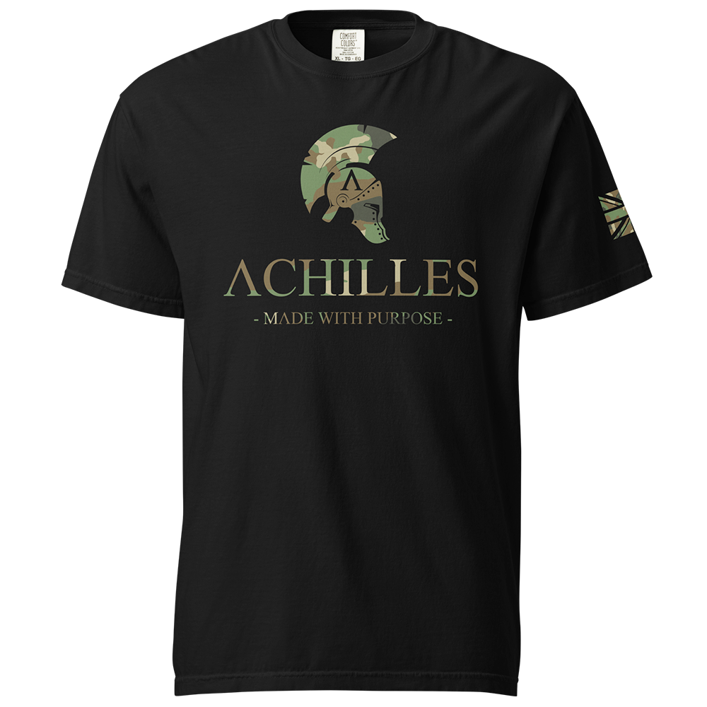 Front View of Black short sleeve classic cotton unisex fit T-Shirt by Achilles Tactical Clothing Brand with screen printed Signature DPM Camo design on front