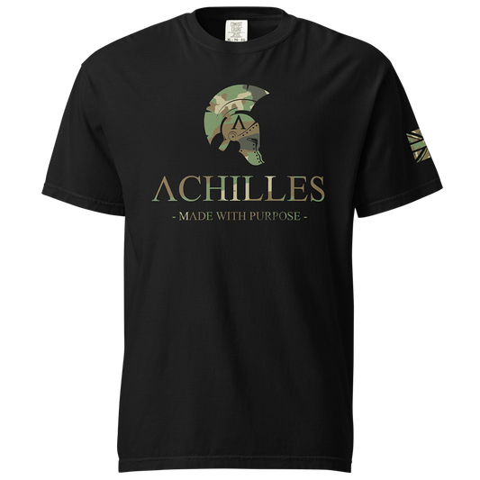 Front View of Black short sleeve classic cotton unisex fit T-Shirt by Achilles Tactical Clothing Brand with screen printed Signature DPM Camo design on front