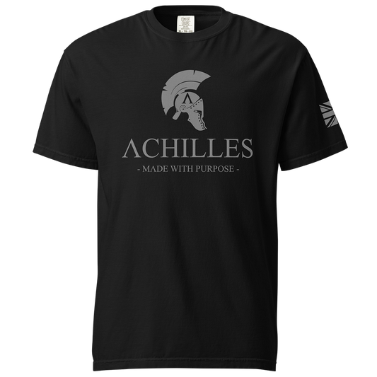 Front View of Black short sleeve classic cotton unisex fit T-Shirt by Achilles Tactical Clothing Brand with screen printed Signature design on front