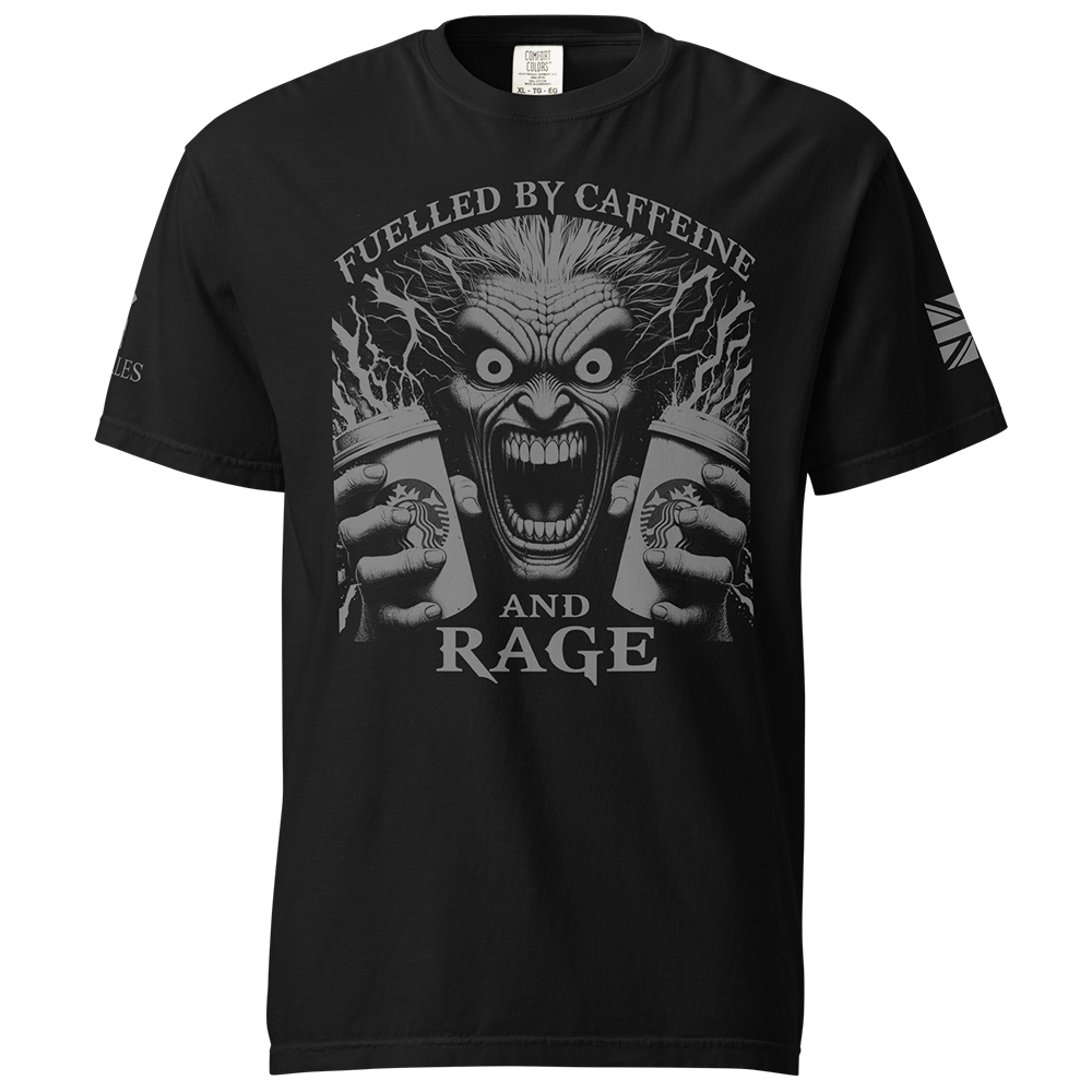 Front View of Black short sleeve classic cotton unisex fit T-Shirt by Achilles Tactical Clothing Brand with screen printed Caffeine and Rage design on front