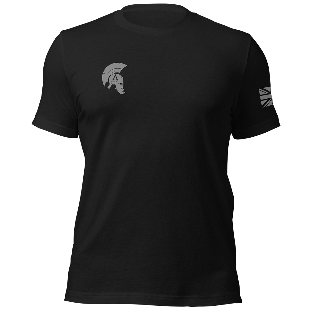 Front view of Black short sleeve unisex fit original cotton T-Shirt by Achilles Tactical Clothing Brand printed with Large Hoist the black flag design across back