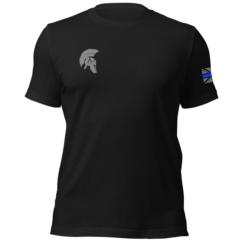 Front view of Black short sleeve unisex fit original cotton T-Shirt by Achilles Tactical Clothing Brand printed with small Icon logo on right chest Police Thin Blue Line design