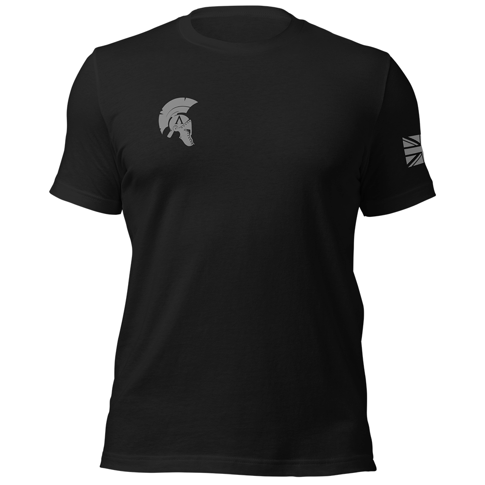 Front view of Black short sleeve unisex fit original cotton T-Shirt by Achilles Tactical Clothing Brand printed with small Icon logo on right chest England design
