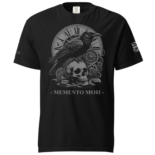 Front View of Black short sleeve classic cotton unisex fit T-Shirt by Achilles Tactical Clothing Brand with screen printed Memento Mori design on front