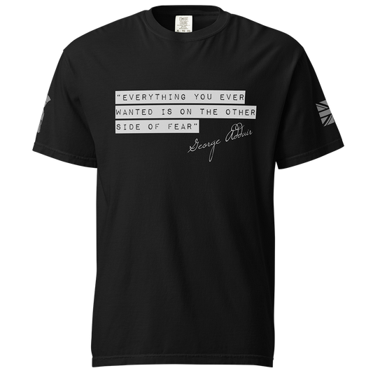 Front view of Black short sleeve classic cotton unisex fit T-Shirt by Achilles Tactical Clothing Brand with screen printed the other side of fear quote design on front