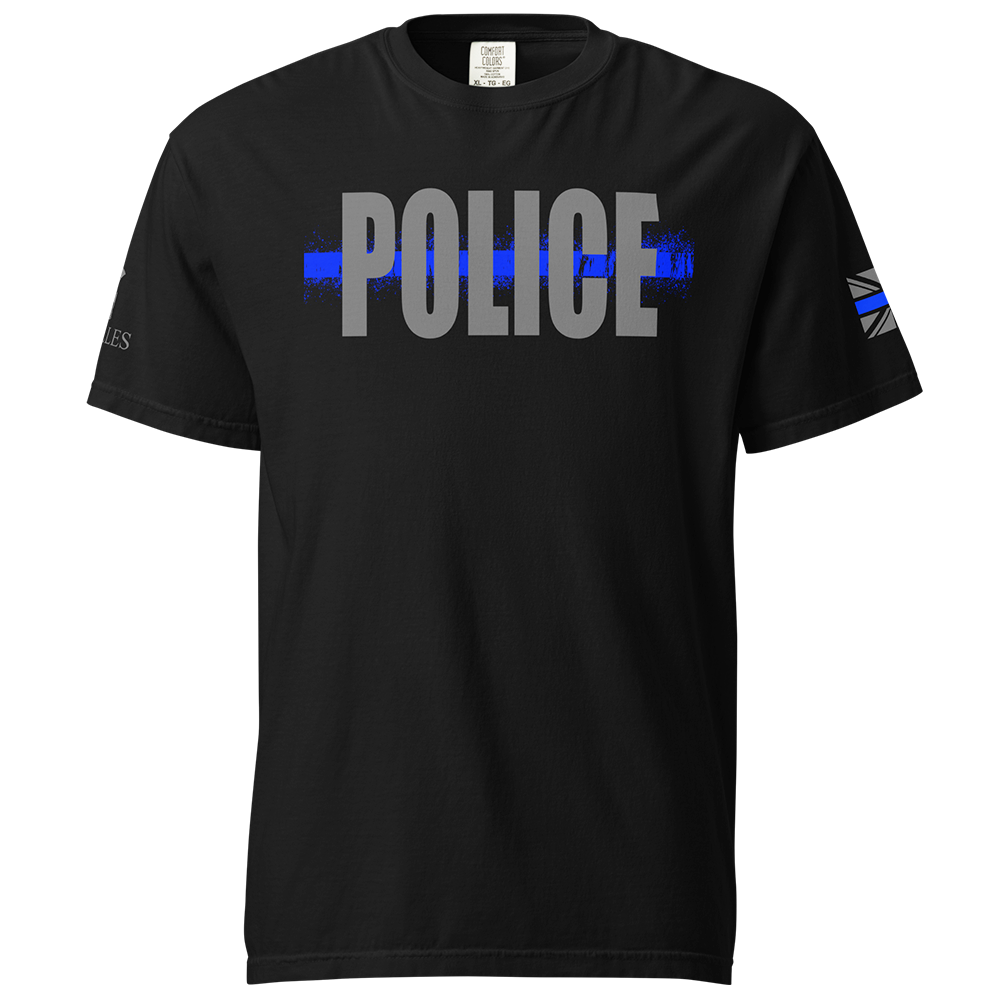 Front View of Black short sleeve classic cotton unisex fit T-Shirt by Achilles Tactical Clothing Brand with screen printed Police Thin Blue Line design on front