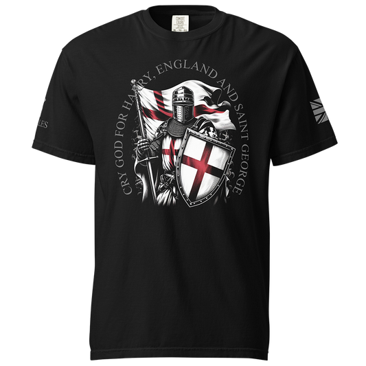 Front View of Black short sleeve classic cotton unisex fit T-Shirt by Achilles Tactical Clothing Brand with screen printed Saint George design on front
