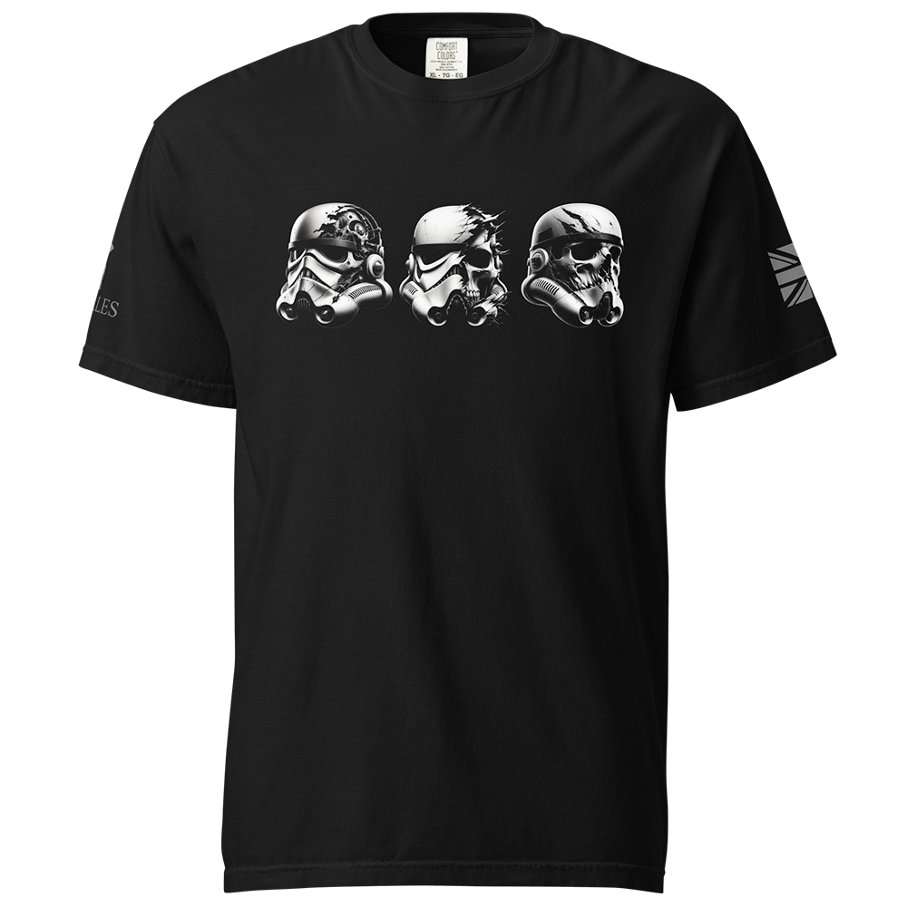 Front View of Black short sleeve classic cotton unisex fit T-Shirt by Achilles Tactical Clothing Brand with screen printed Stormtroopers design on front