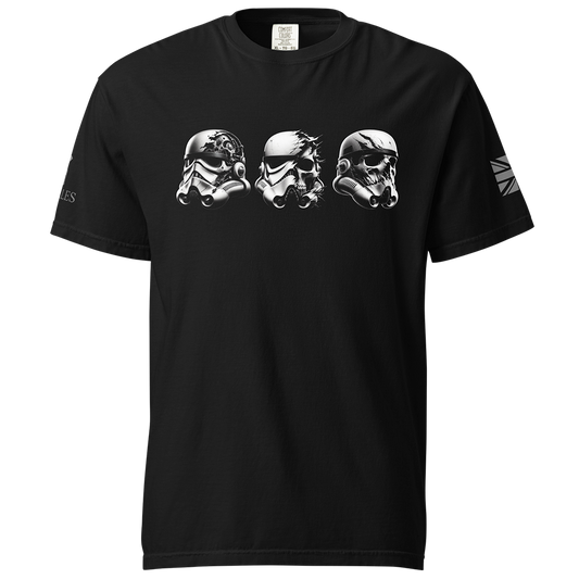 Front View of Black short sleeve classic cotton unisex fit T-Shirt by Achilles Tactical Clothing Brand with screen printed Stormtroopers design on front