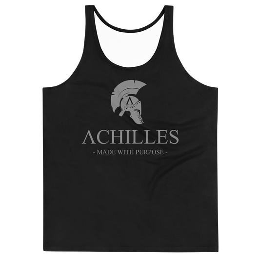 Front view of Black sleeveless Tank top by Achilles Tactical Clothing Brand printed with grey signature design