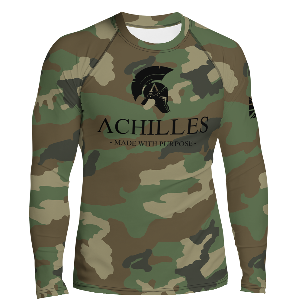 Front view of DPM Cam long sleeve rash guard by Achilles Tactical Clothing Brand with Signature design in black