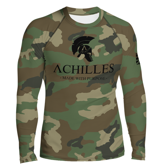 Front view of DPM Cam long sleeve rash guard by Achilles Tactical Clothing Brand with Signature design in black