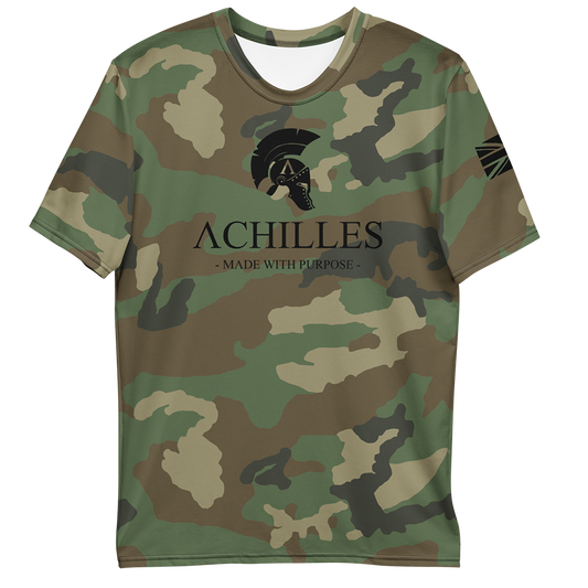 Front view of DPM Cam short sleeve unisex fit athletic Tee by Achilles Tactical Clothing Brand printed with black Signature design across chest