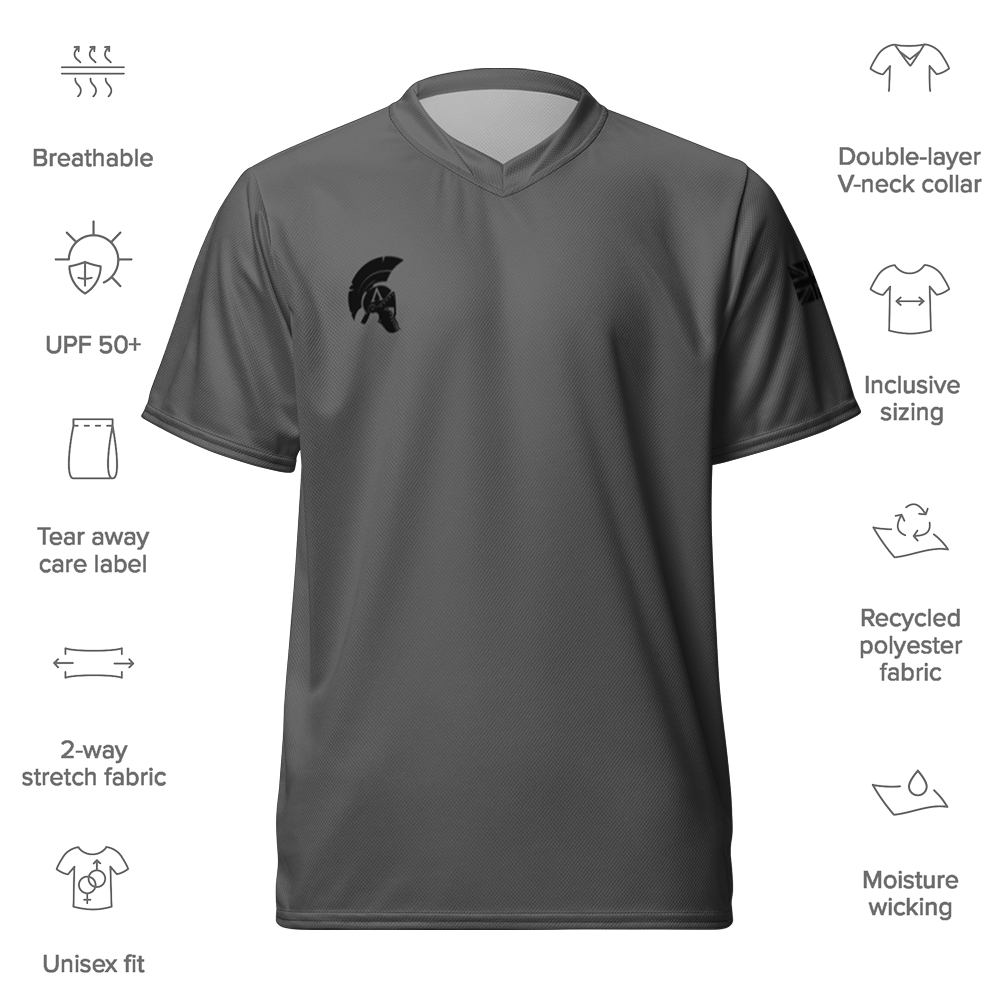 Front view of Graphite short sleeve unisex fit Performance Jersey by Achilles Tactical Clothing Brand with details