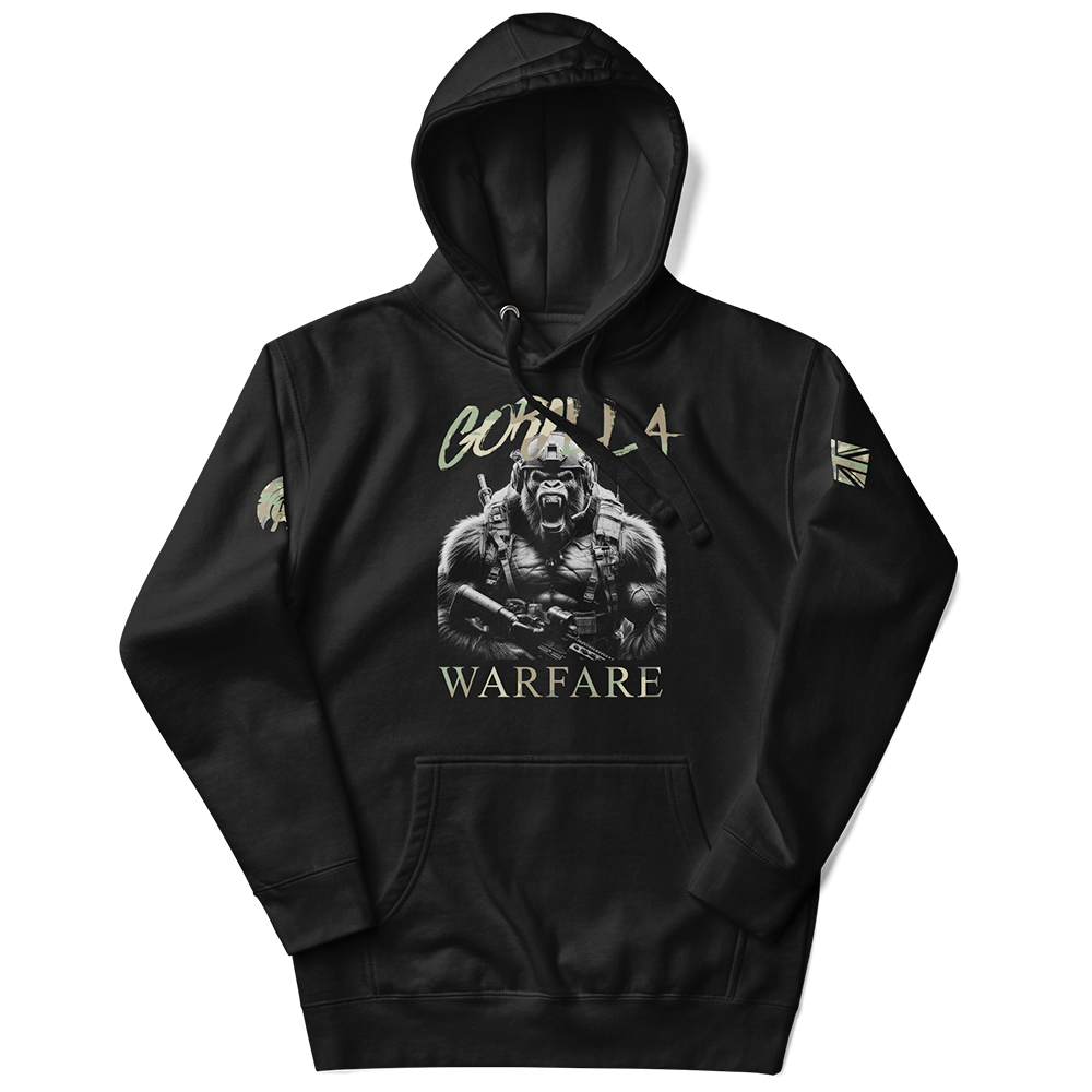 Front view of Hood up Black unisex fit hoodie by Achilles Tactical Clothing Brand with Gorilla Warfare Design across chest