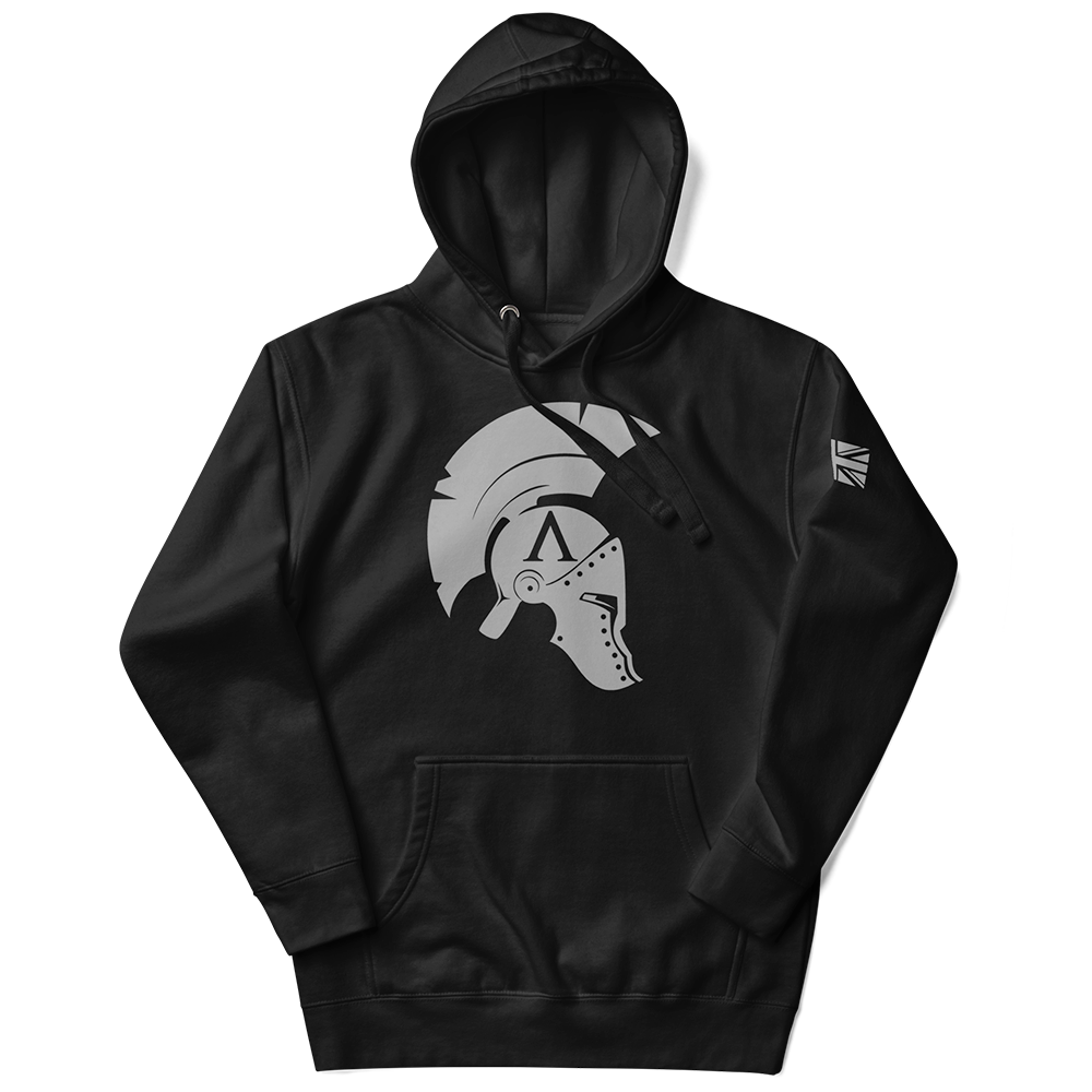 Front view of hood up Black unisex fit hoodie by Achilles Tactical Clothing Brand with Wolf Grey Icon Design across chest