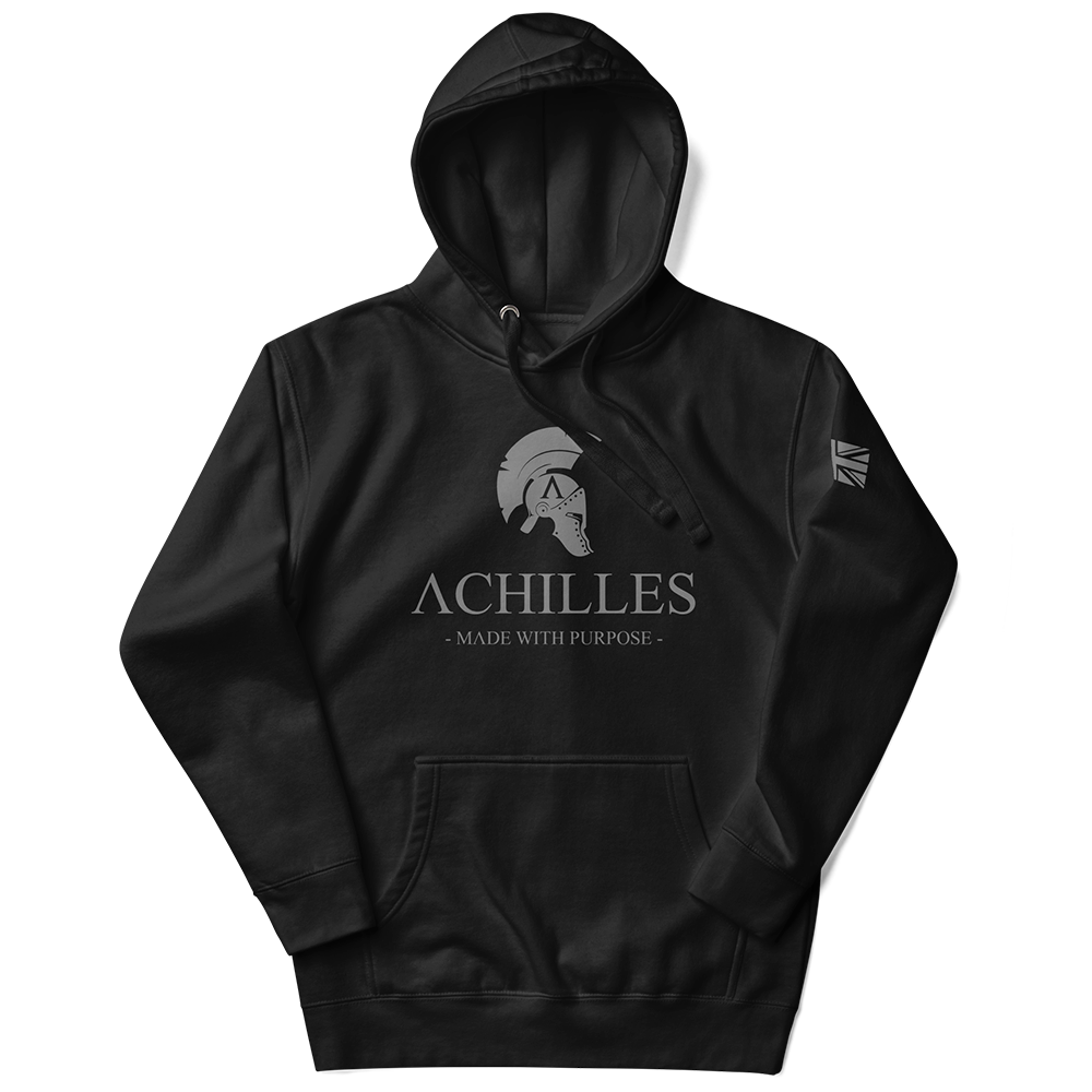 Front view of Hood up Black unisex fit hoodie by Achilles Tactical Clothing Brand with Wolf Grey Signature Design across chest