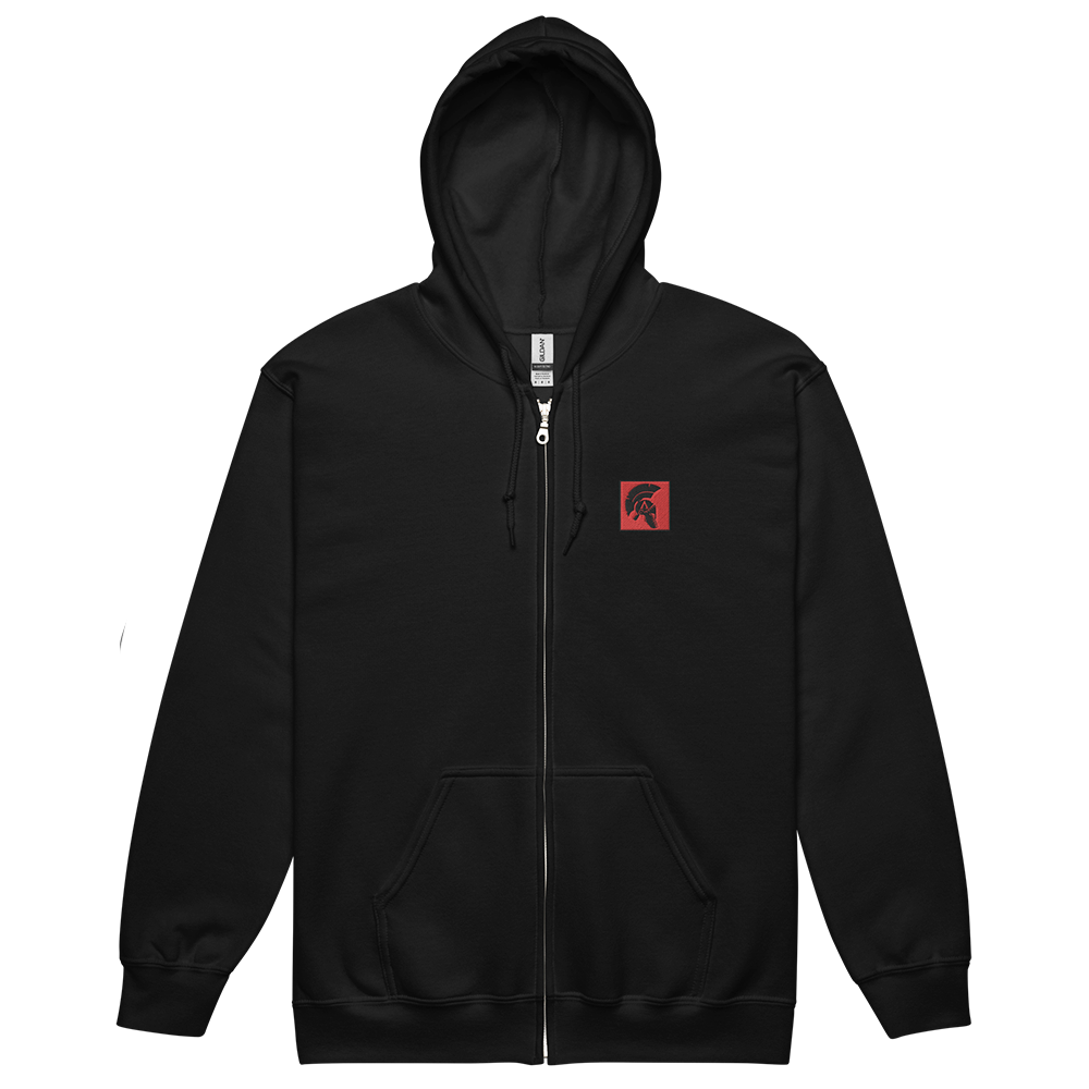 Front of Black unisex fit zipper hoodie by Achilles Tactical Clothing Brand with State red square achilles helmet logo on left chest with hood up