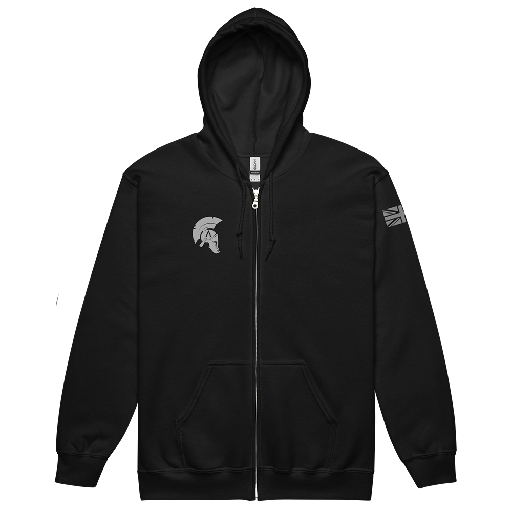 Front Hood up view of Black unisex fit zipper hoodie by Achilles Tactical Clothing Brand with Grey Bolt-Actions Design across back