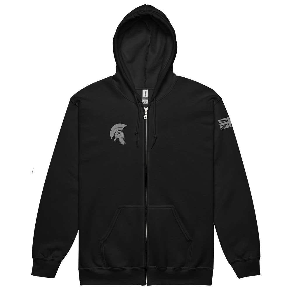 Front view with Hood up of Black unisex fit zipper hoodie by Achilles Tactical Clothing Brand with Wolf Grey Icon Design across back