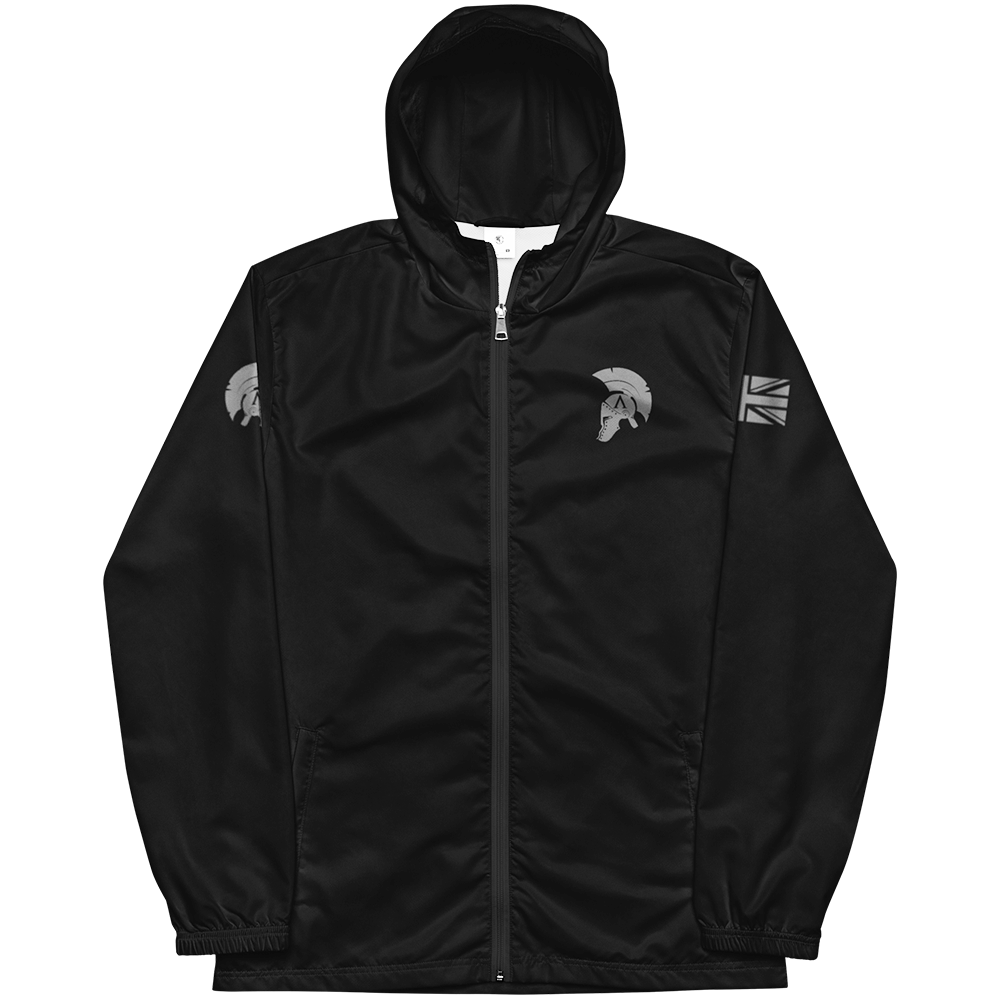 Front view of long sleeve unisex fit windbreaker track jacket by Achilles Tactical Clothing Brand printed with Achilles logo on chest and helmet design and union flag in wolf grey on left and right sleeves