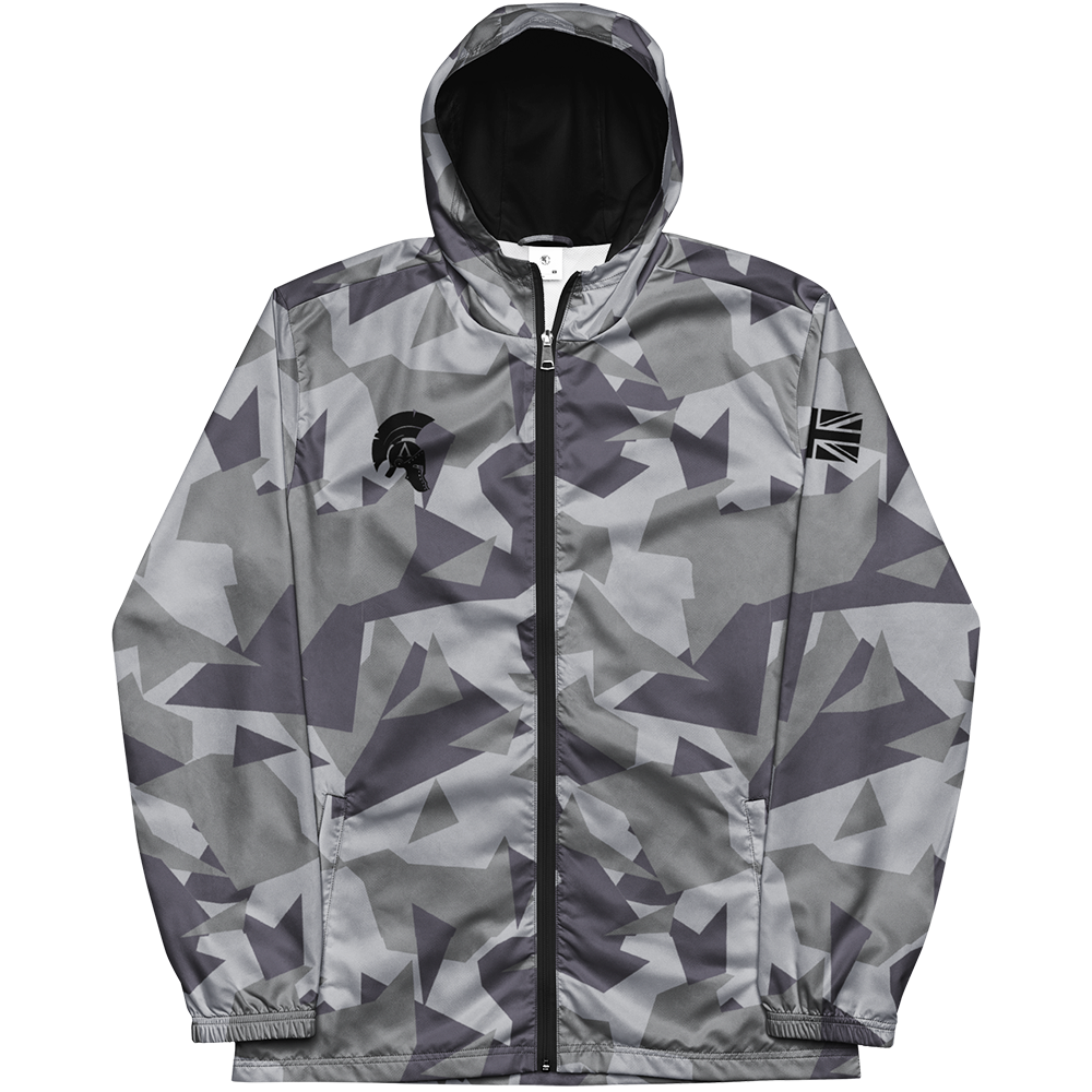 Front view of Grey Geo Cam long sleeve unisex fit windbreaker track jacket by Achilles Tactical Clothing Brand printed with Achilles signature logo across back