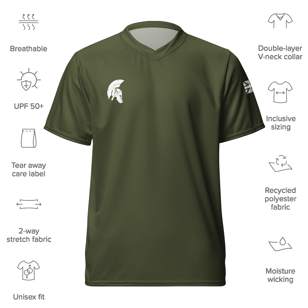 Front view of Olive short sleeve unisex fit Performance Jersey by Achilles Tactical Clothing Brand with details