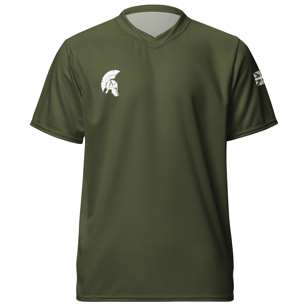 Front view of Olive short sleeve unisex fit Performance Jersey by Achilles Tactical Clothing Brand