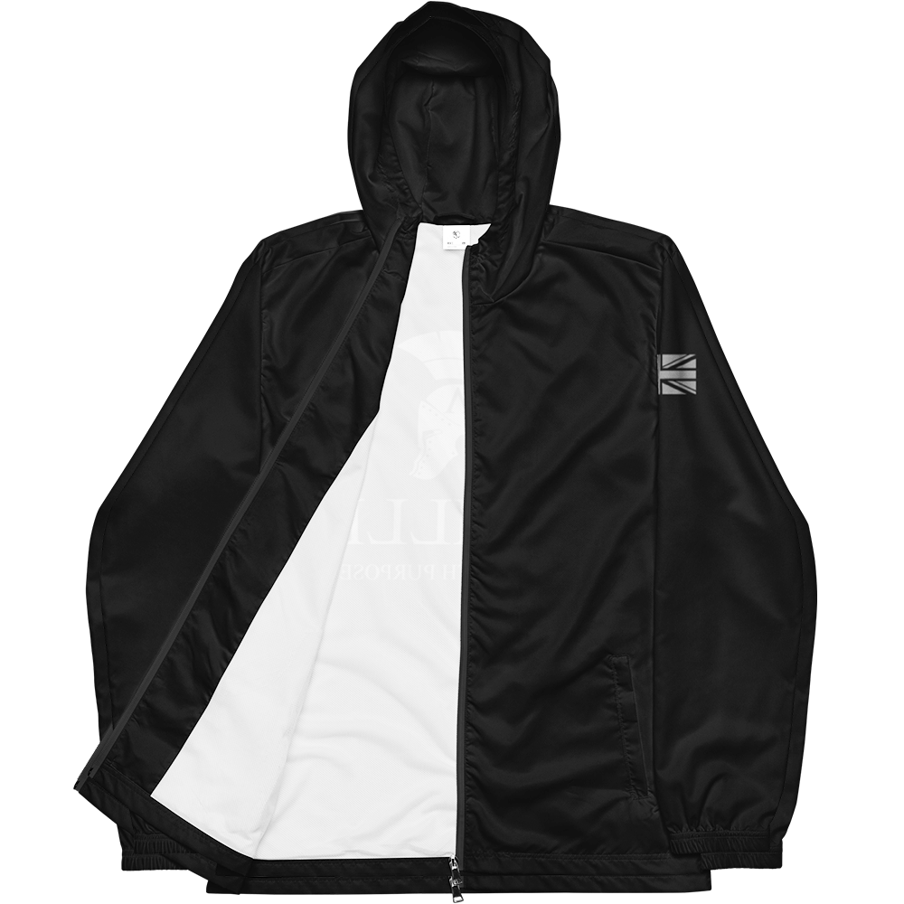 Front open zipper view of Black long sleeve unisex fit windbreaker track jacket by Achilles Tactical Clothing Brand printed with Achilles signature logo across back