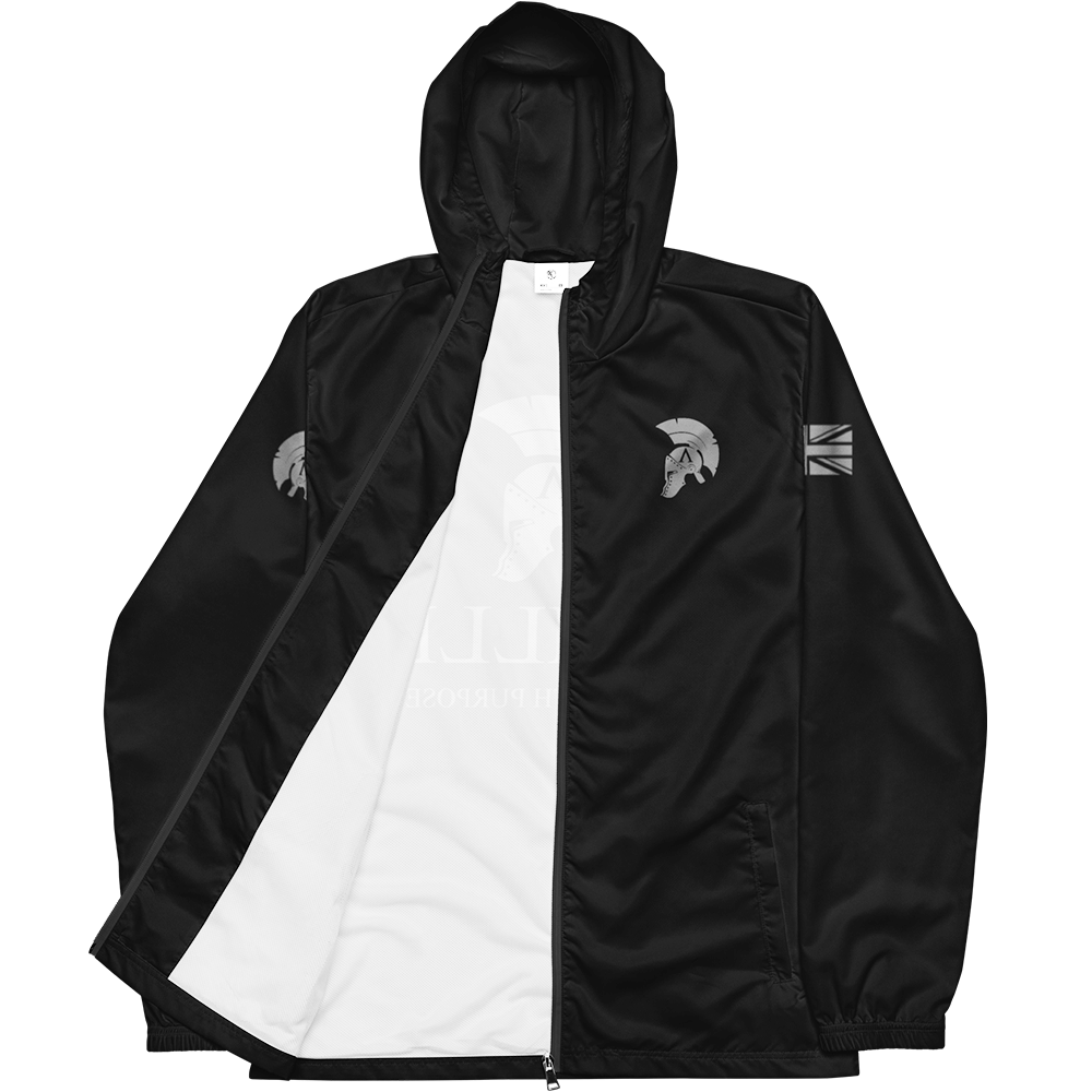 Front view of open zip hood up long sleeve unisex fit windbreaker track jacket by Achilles Tactical Clothing Brand printed with Achilles logo on chest and helmet design and union flag in wolf grey on left and right sleeves