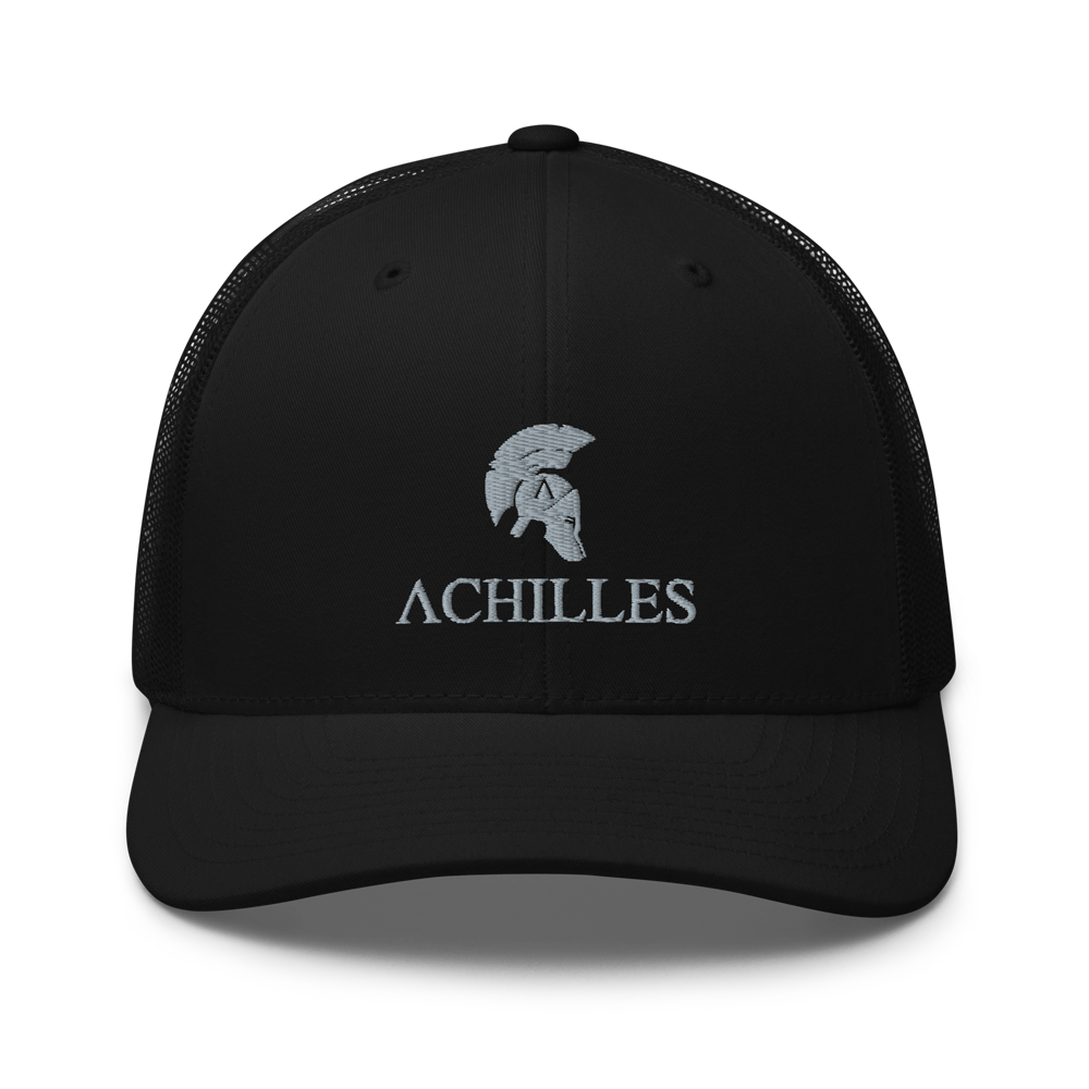 Front view of Signature mesh snap back embroidered achilles black cap
