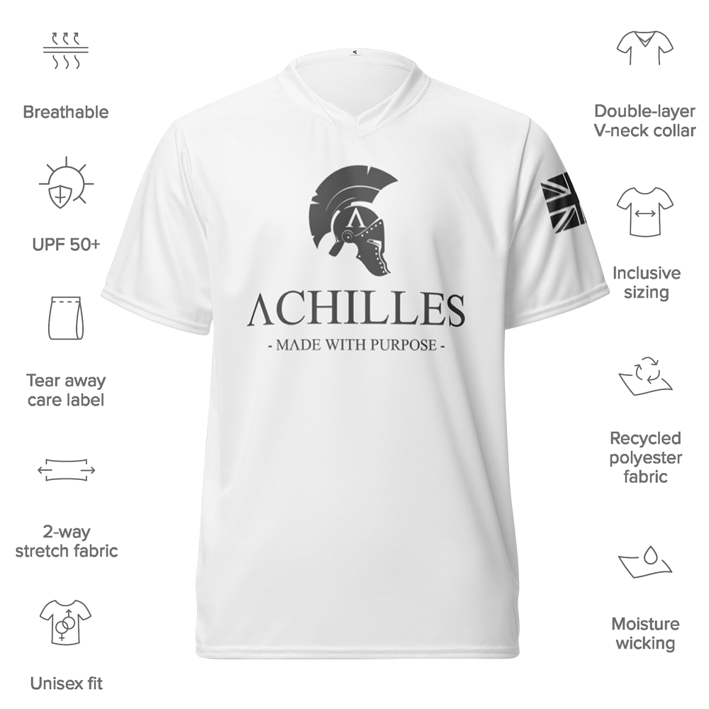 Front view of White short sleeve unisex fit Performance Jersey by Achilles Tactical Clothing Brand printed with grey Signature design Achilles Helmet logo and Union Flag on sleeves with details