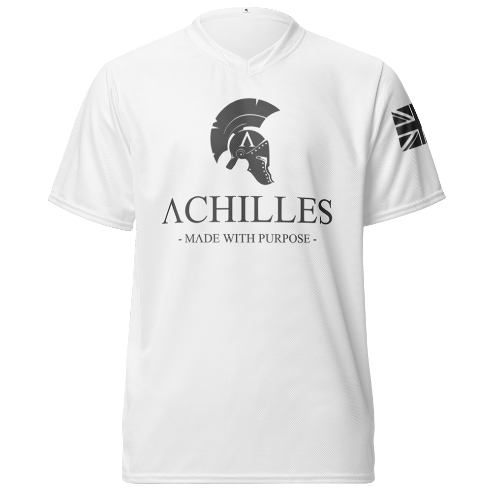 Front view of White short sleeve unisex fit Performance Jersey by Achilles Tactical Clothing Brand printed with grey Signature design