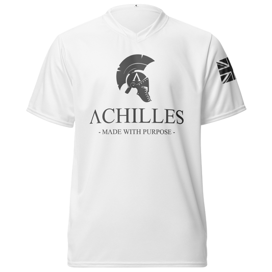 Front view of White short sleeve unisex fit Performance Jersey by Achilles Tactical Clothing Brand printed with grey Signature design